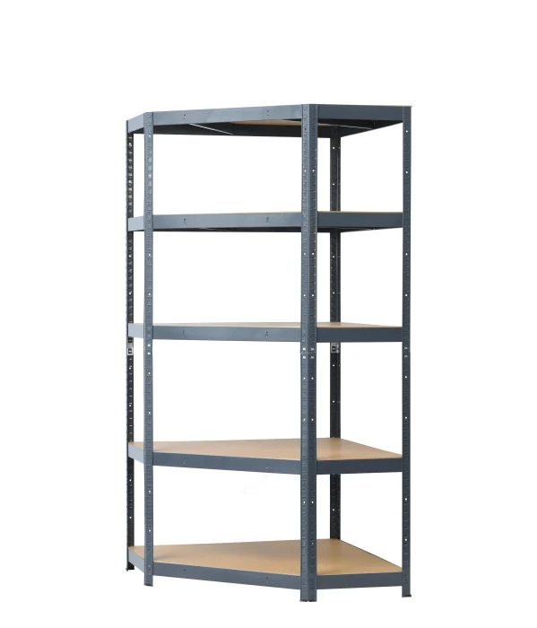 Regał metalowy narożny wciskany 180x90x90x40 175kg grafitowy HDF - skos