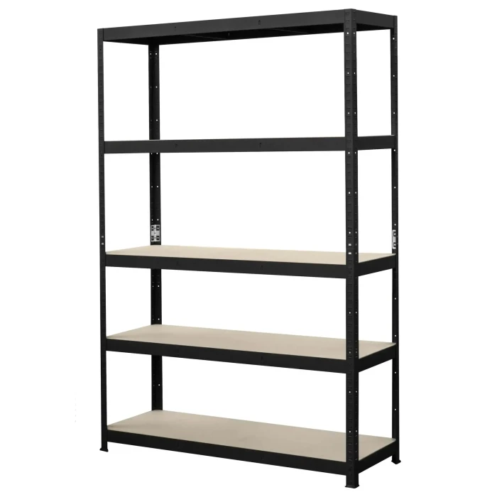 Regał metalowy wciskany P2P200 180x120x40 200kg czarny MDF 5 półek - skos