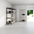 Regał metalowy wciskany Mega-Met 180x160x60 500kg 4 półki grafitowy HDF aranżacja w garażu