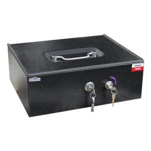 Kasetka metalowa 25PBK-T z dwoma zamkami kluczowymi szara + wkład na bilon (PLN) i banknoty