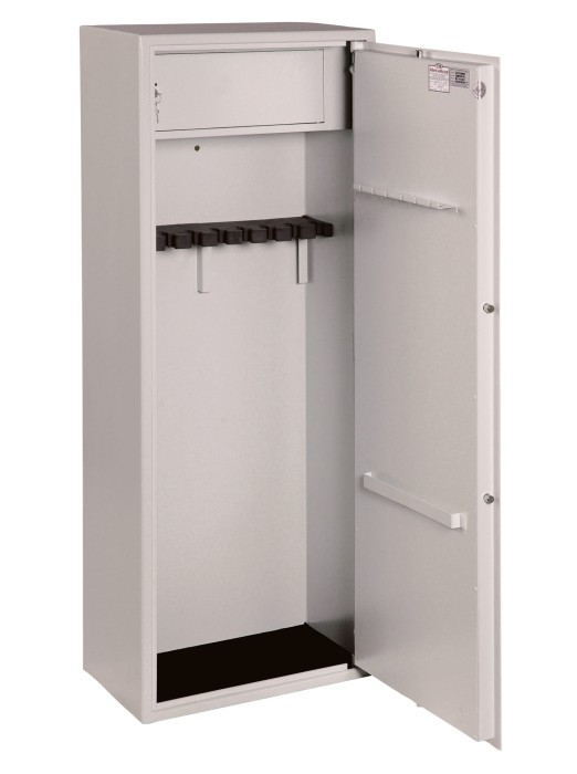 Szafa na broń długą SB-9S kl. S1 z zamkiem kluczowym szara - na 9 sztuk broni otwarta